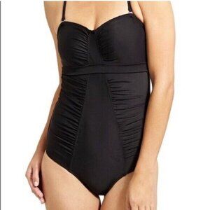 Athleta Black Ruched Bandeau One Piece Open Back Black Swimsuit Size 34 B/C Cup